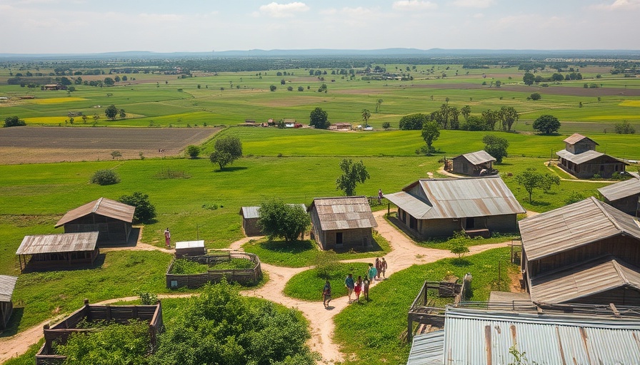 Rural DRC village with people walking, houses, violence context.