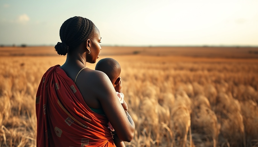 Thoughtful woman carrying child in field, Rifkatu's story of suffering and resilience.