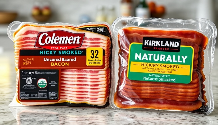 Kirkland Bacon vs Coleman Bacon packaging comparison on a countertop.