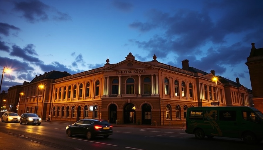 Theatre Royal Dumfries illuminated at night, street scene.