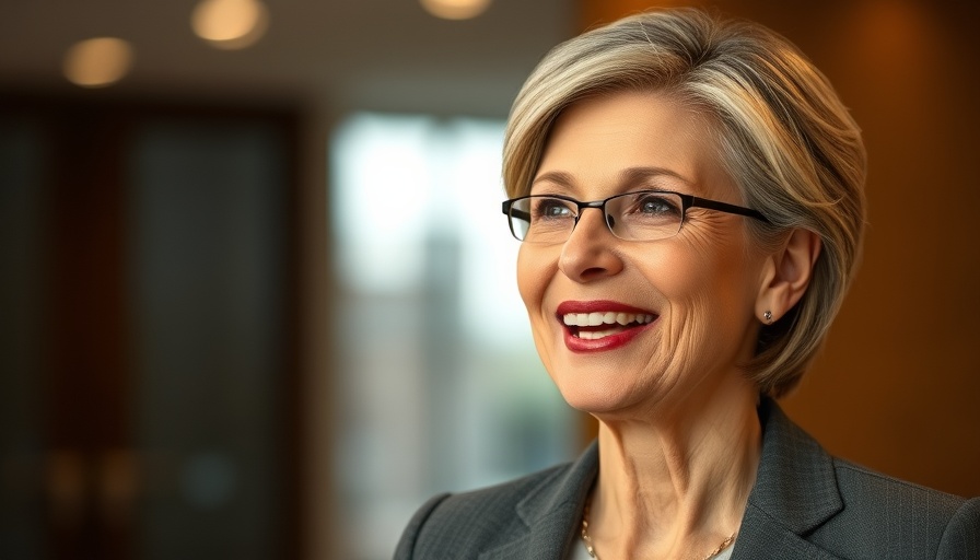 Middle-aged woman discussing farming policies in a formal setting.