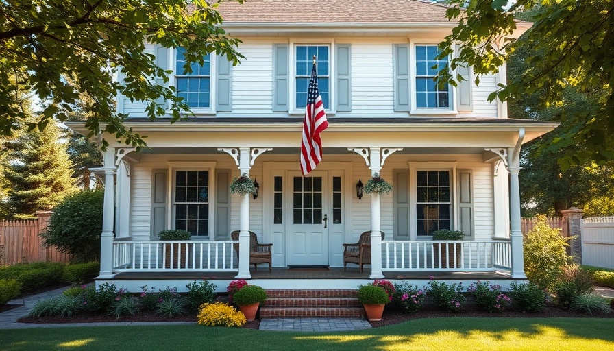 Colonial house with porch and American flag, lush garden setting.