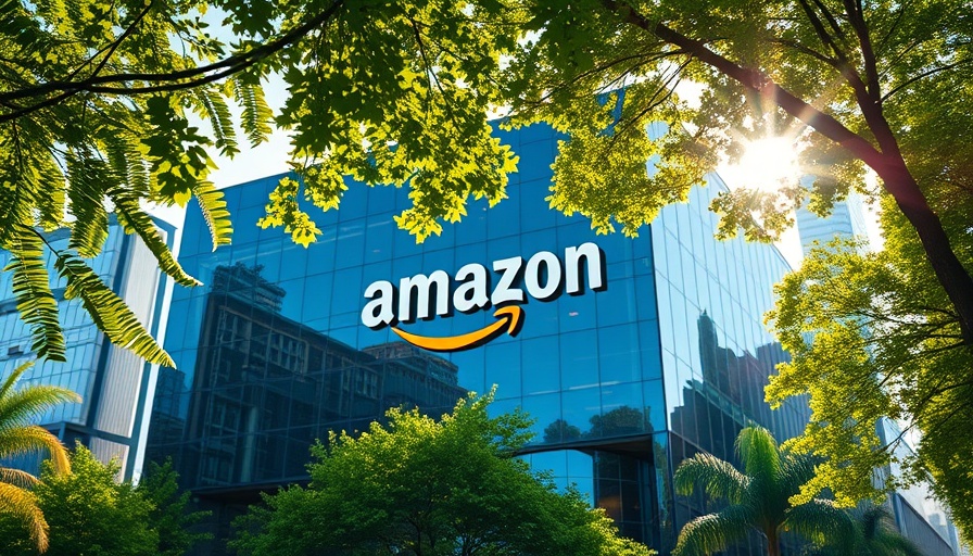 Amazon HQ building amidst trees with bright sunlight.