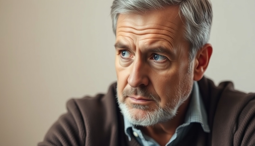 Middle-aged man's thoughtful expression in an indoor setting.