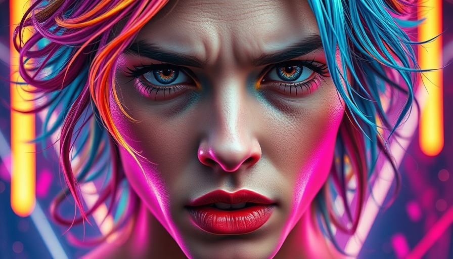 Surreal digital close-up of a person with colorful hair, AI aesthetic Turing Test theme.