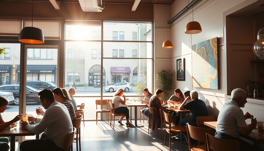 Cozy cafe interior with patrons and modern decor, sunlight streaming through windows, showcasing a welcoming atmosphere.