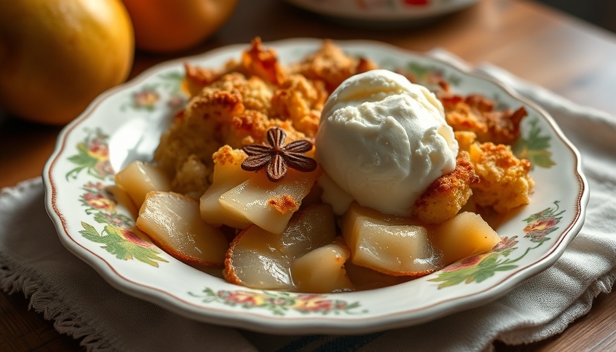 Healthy pear crumble recipe with vanilla ice cream on floral plate.