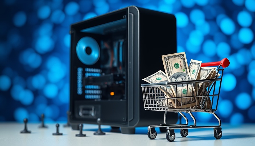 Build a PC now: Open computer case and money in cart, cyan background.