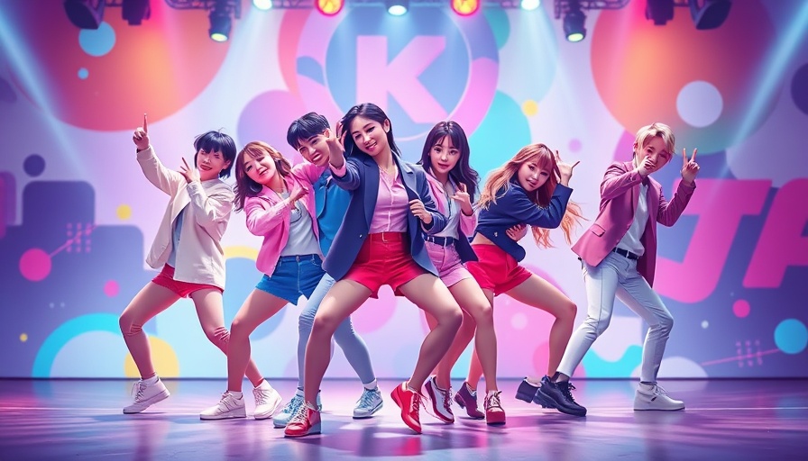 Animated KPop stars perform in vivid stage dance.