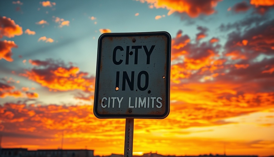 City limits sign against dramatic sunset sky with bullet holes.