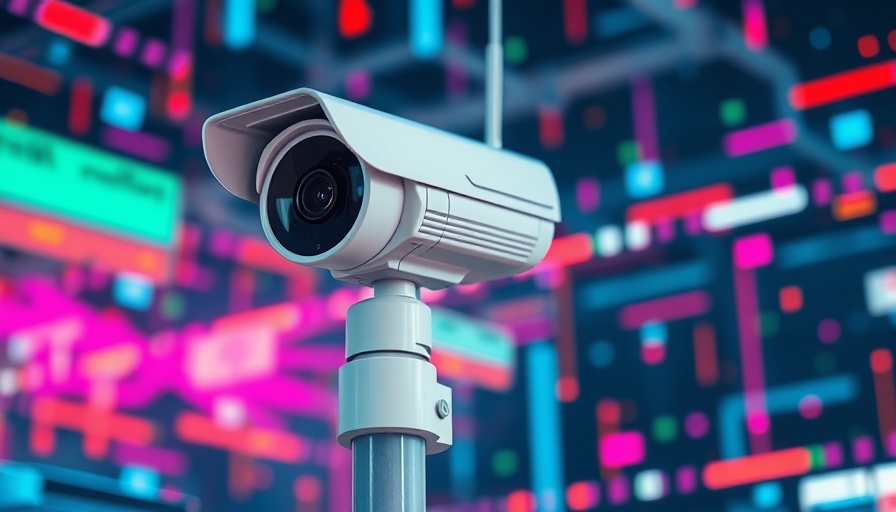 Futuristic AI surveillance camera with glitchy digital background.