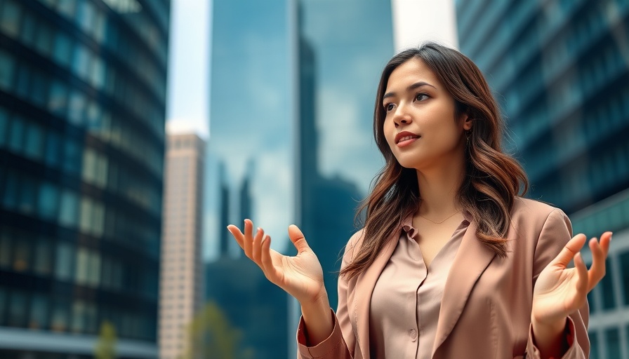 Young woman explaining how to avoid paying tax on crypto in front of city buildings.