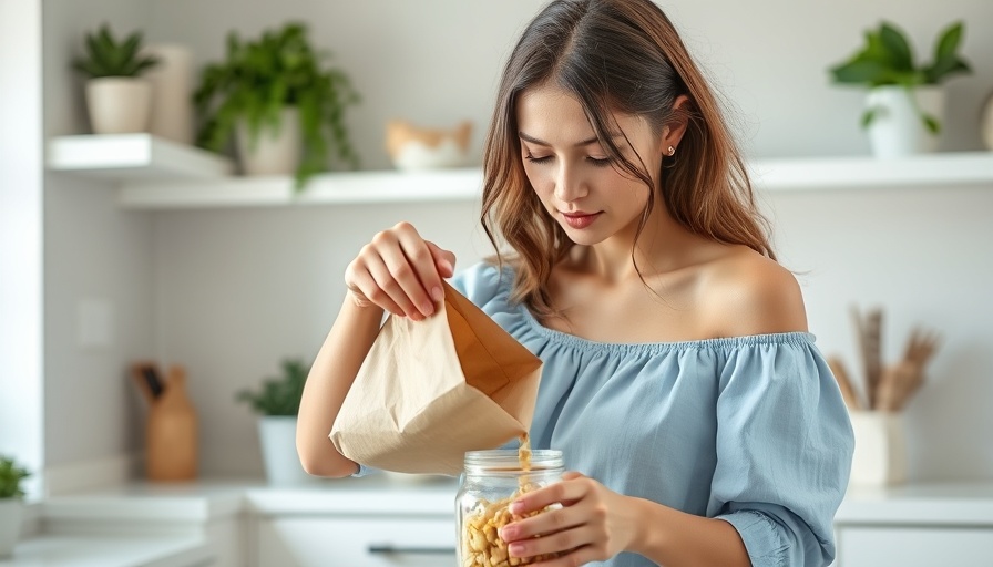 Woman practicing zero-waste living by transferring pasta into a jar.