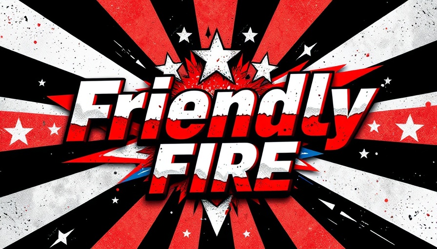 Abstract graphic with 'Friendly Fire' text, featuring stars and stripes.
