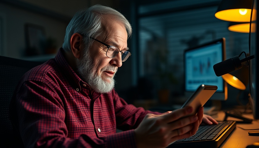 Elderly man with tablet, focused, Vessels for Honor and Dishonor theme.
