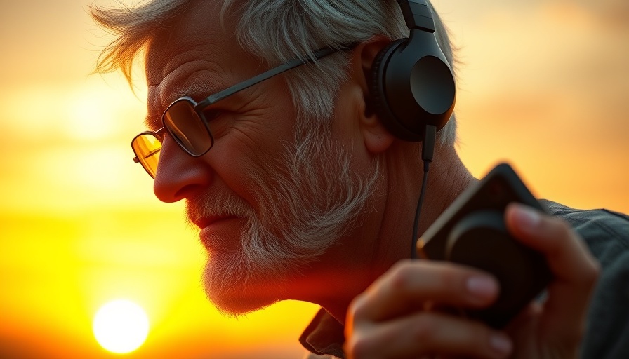 Man with headphones holding listening device, sunset background.