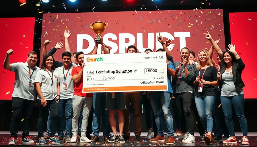 Diverse team celebrating 2025 Startup Battlefield 200 win with check and trophy on stage.