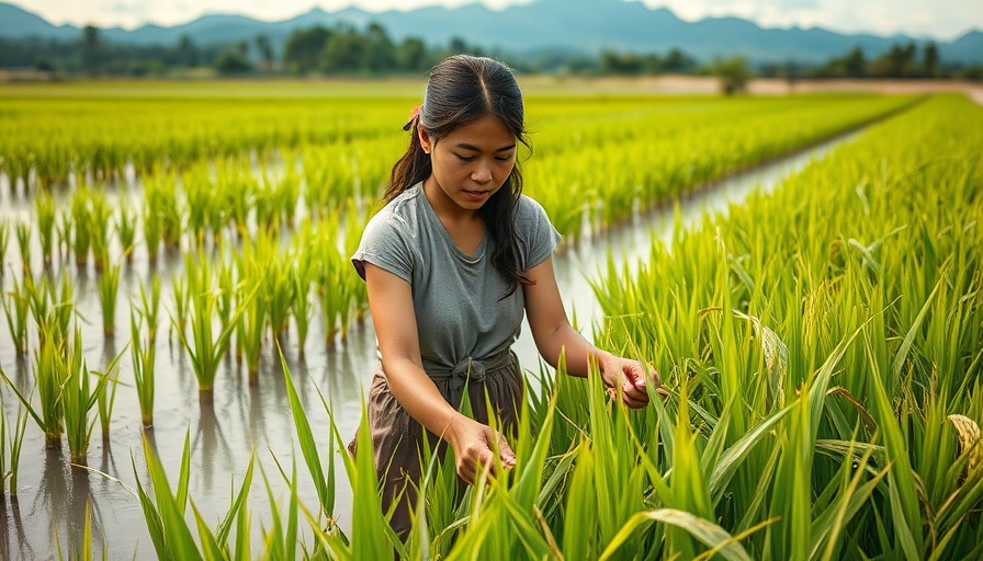 AI tools for rice farmers in a lush field setting.