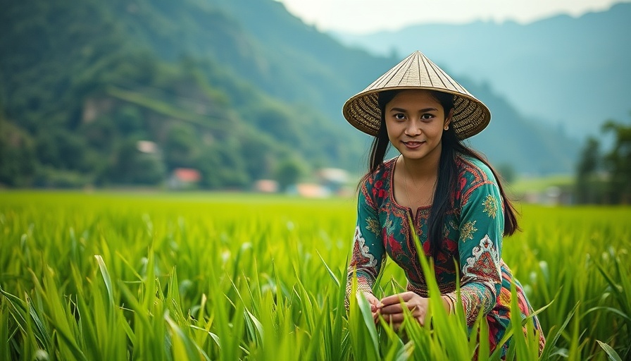 Woman planting rice in a paddy field with mountain background.