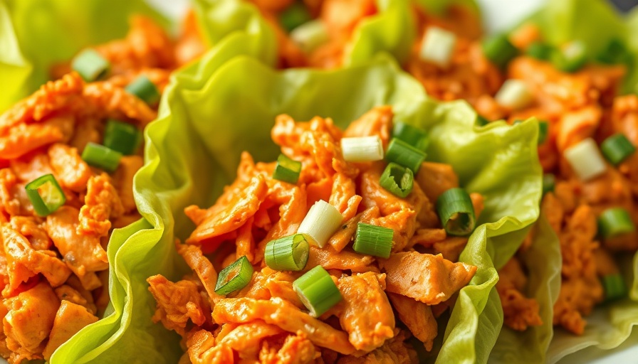 Easy Pulled Buffalo Chicken on lettuce wraps with green onions.