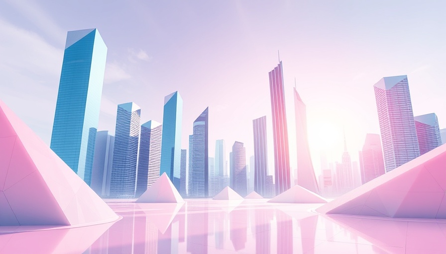 Abstract pastel financial skyline depicting futuristic buildings in serene colors.