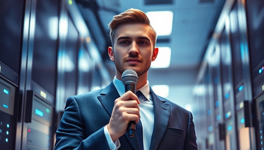 Young man speaking in futuristic server room; GPT-5 related theme.