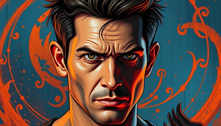 Stylized portrait of a man with intense expression in vivid colors.