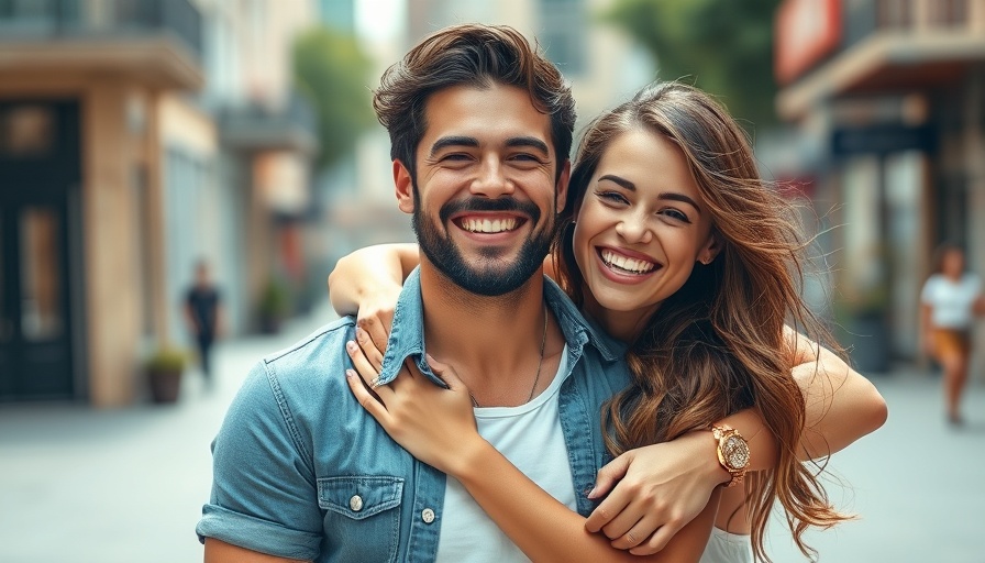 Couple smiling joyfully in summer attire, embracing each other.
