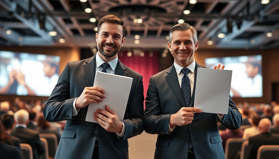 Men discussing Nigel Farage migration policy at conference.