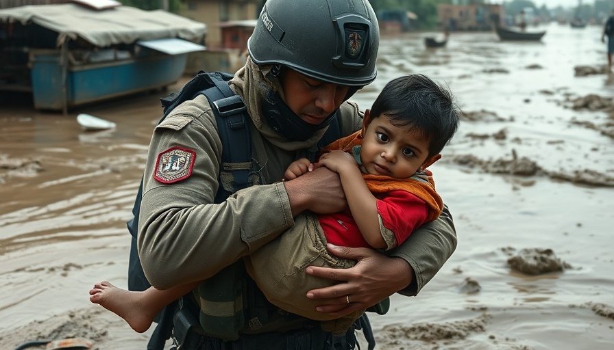 Impact of flooding in Pakistan, first responder aiding child in flood.