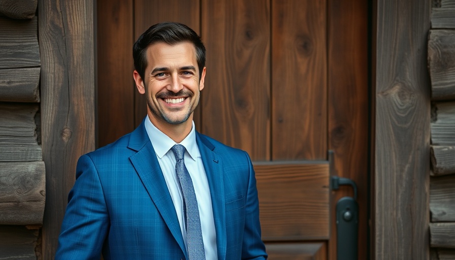Smiling man in blue suit, rustic background, UK property market.