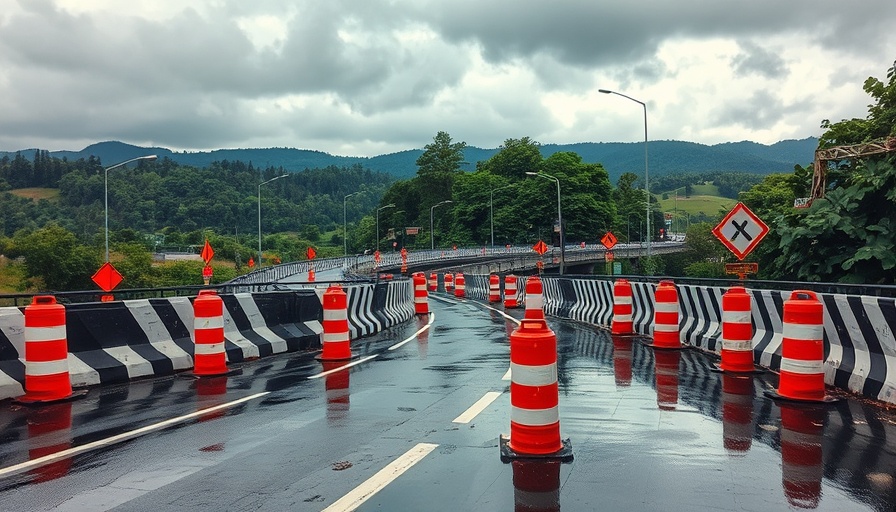 Bridge under construction with safety barriers and cones in rainy weather.