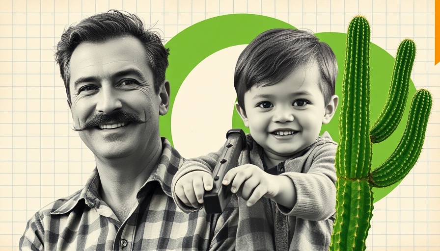 Retro collage with man, child, and modern graphics.