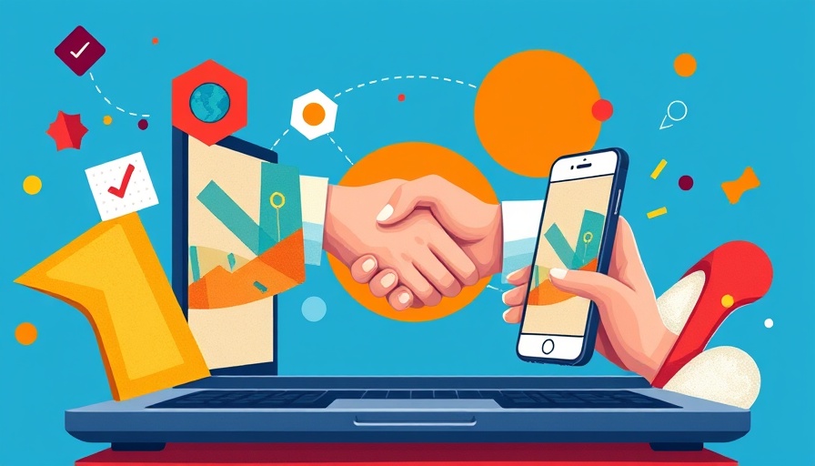 Digital partnership illustration with handshake through devices.