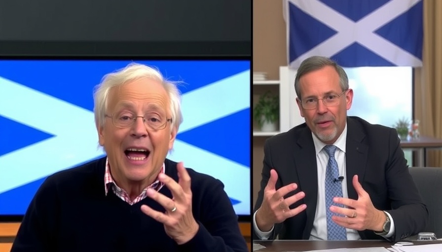 Split-screen discussion on divisive politics and communal identity with Scottish backdrop.