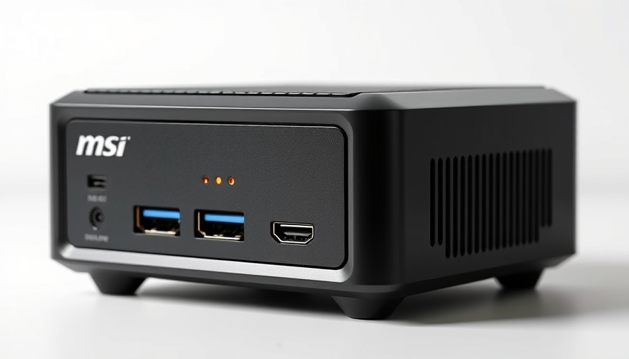 Sleek MSI Mini PC with AI features, front view showing ports.