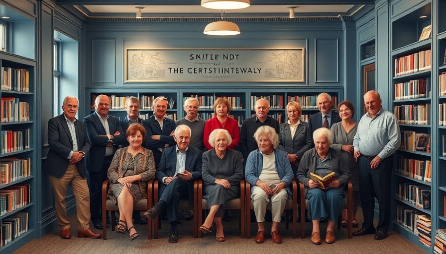 Elegant group in Inchyra Blue library setting, warm ambiance.