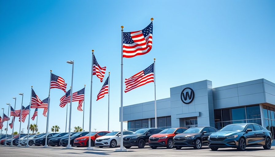 Car dealership with American flags and clear sky, linking to Trump's support for electric vehicles.