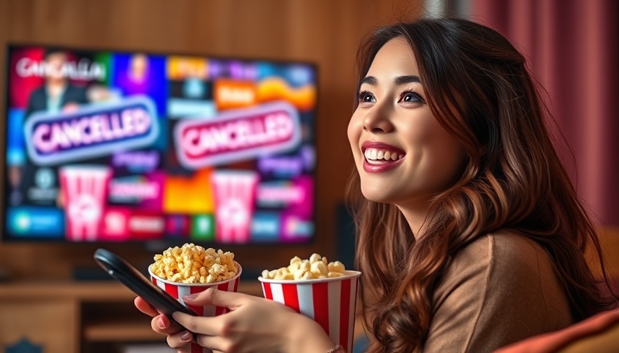 Young woman smiling watching canceled TV shows, unresolved cliffhangers theme.