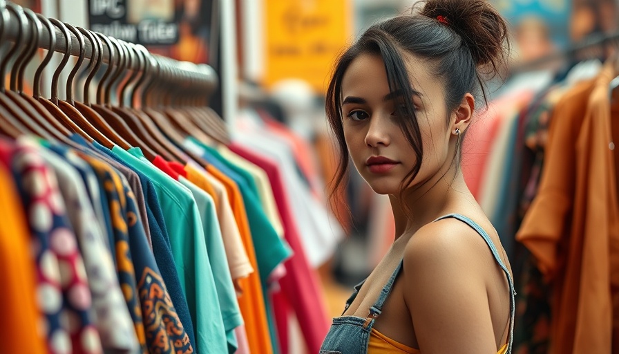 Young woman explores clothing rack in thrift store.