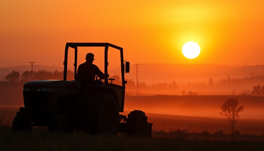Silhouette of farmer driving tractor at sunset, work makes love visible.