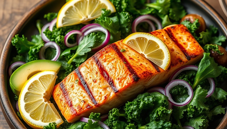 Anti-inflammatory recipe featuring salmon and greens salad with avocado.