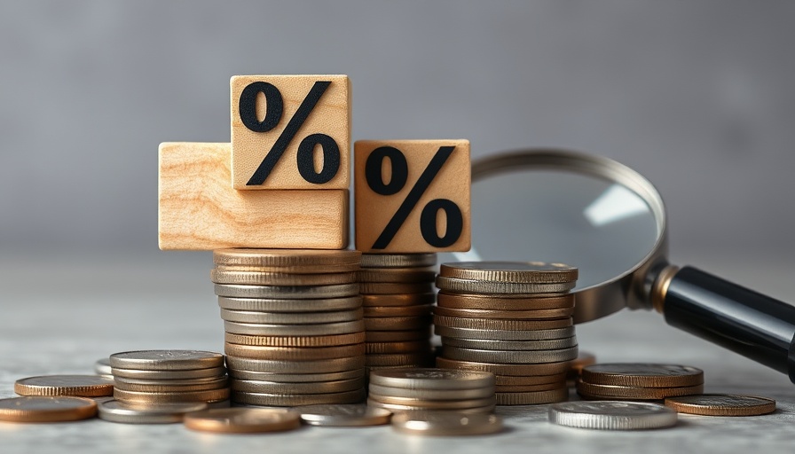 Wooden percentage blocks on coin stacks with magnifying glass.