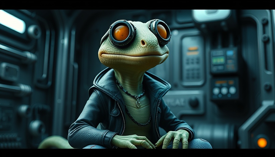 Futuristic lizard character with goggles in a modern setting, symbolizing China's Secret AI Advantage.