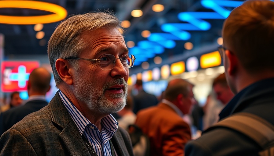 Middle-aged man at tech event discussing Dell stock drop.