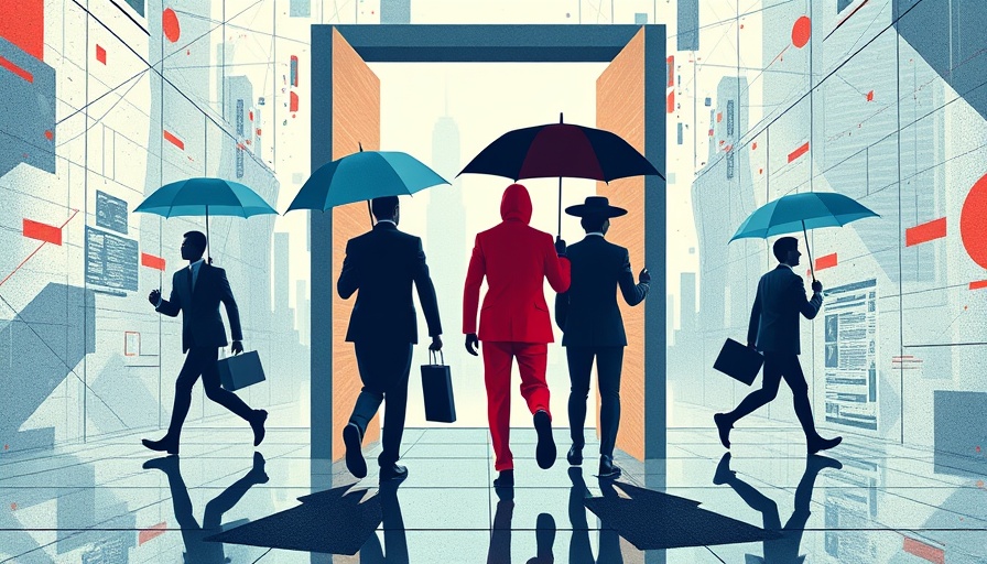 Abstract illustration of figures with umbrellas, symbolizing tech layoffs in 2025.