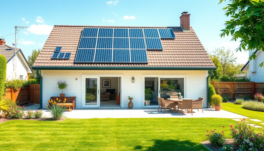 Suburban home with solar panels and open lawn for roof maintenance.