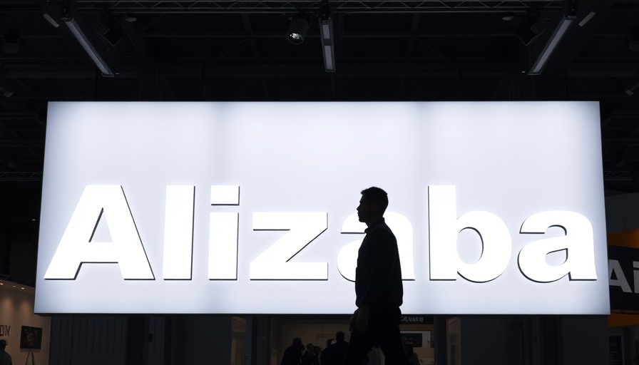 Silhouetted figure in front of Alibaba sign at an exhibition.