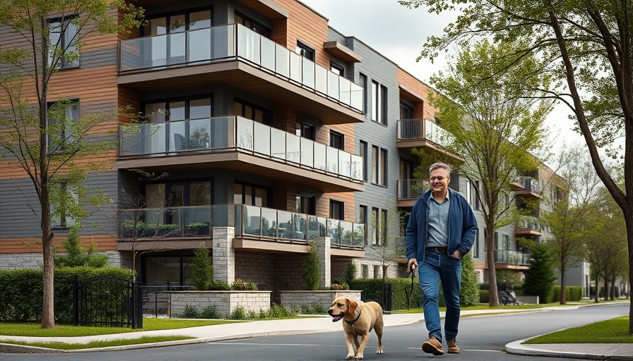 Modern Passivhaus building with man walking dog, overcast lighting.