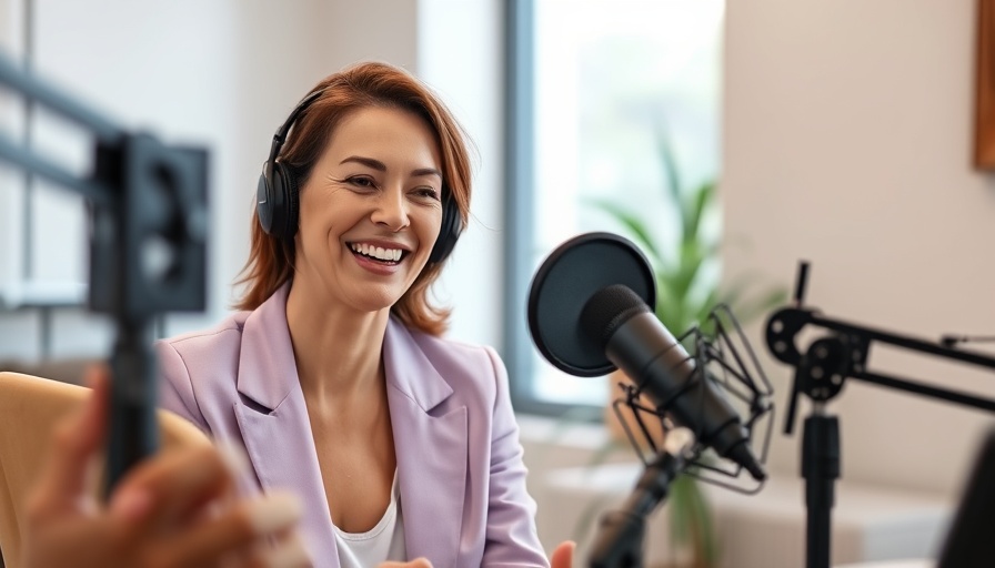 Woman in lilac blazer podcast setting, engaging moment.